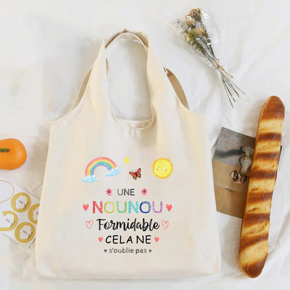 Thank You Nounou French Print Shoulder Bag Canvas Tote Bag Female Harajuku Handbags Women Reusable Shopping Bags Gift for Nounou