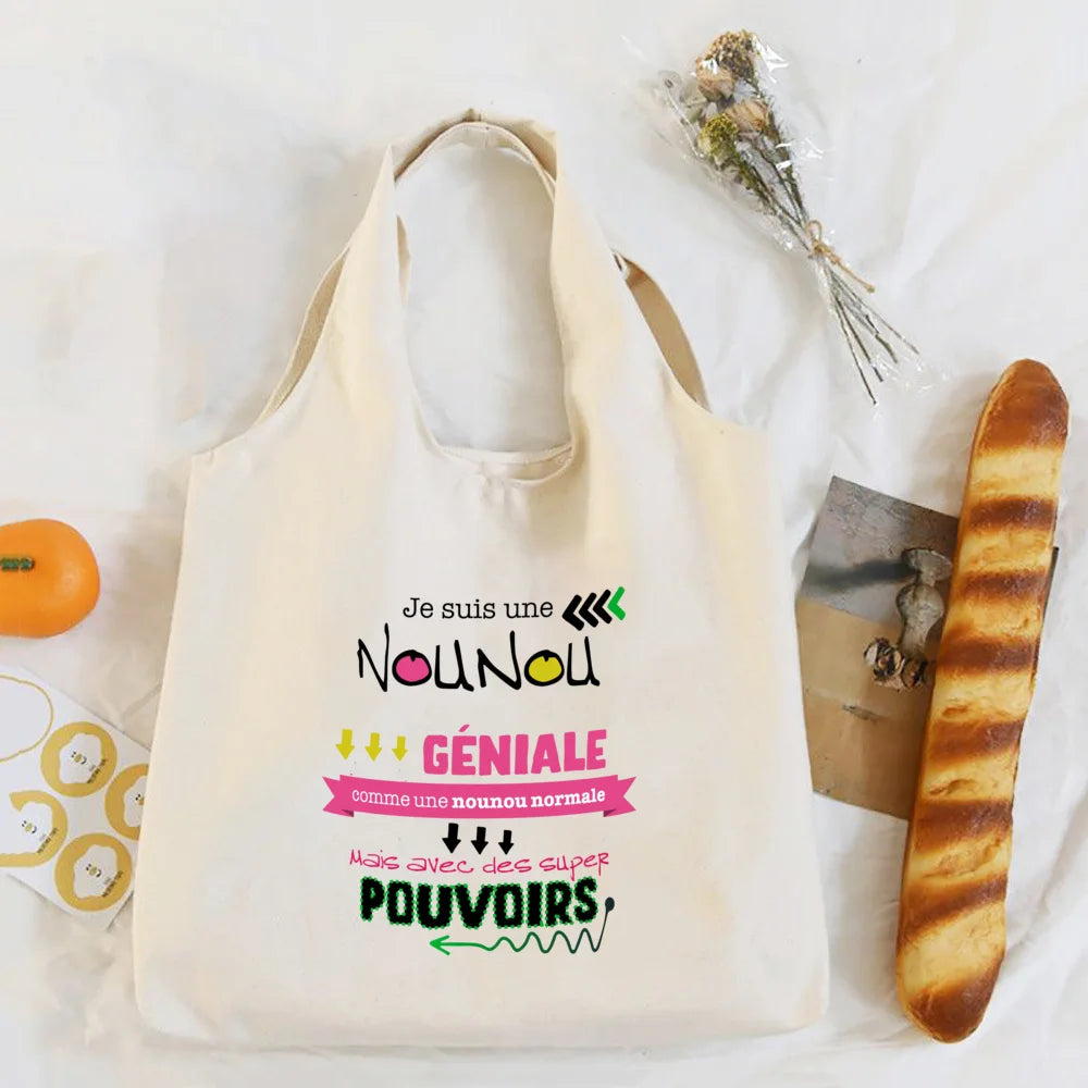 Thank You Nounou French Print Shoulder Bag Canvas Tote Bag Female Harajuku Handbags Women Reusable Shopping Bags Gift for Nounou