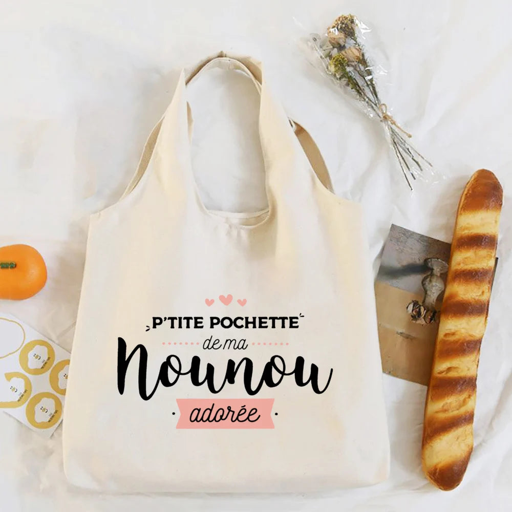 Thank You Nounou French Print Shoulder Bag Canvas Tote Bag Female Harajuku Handbags Women Reusable Shopping Bags Gift for Nounou