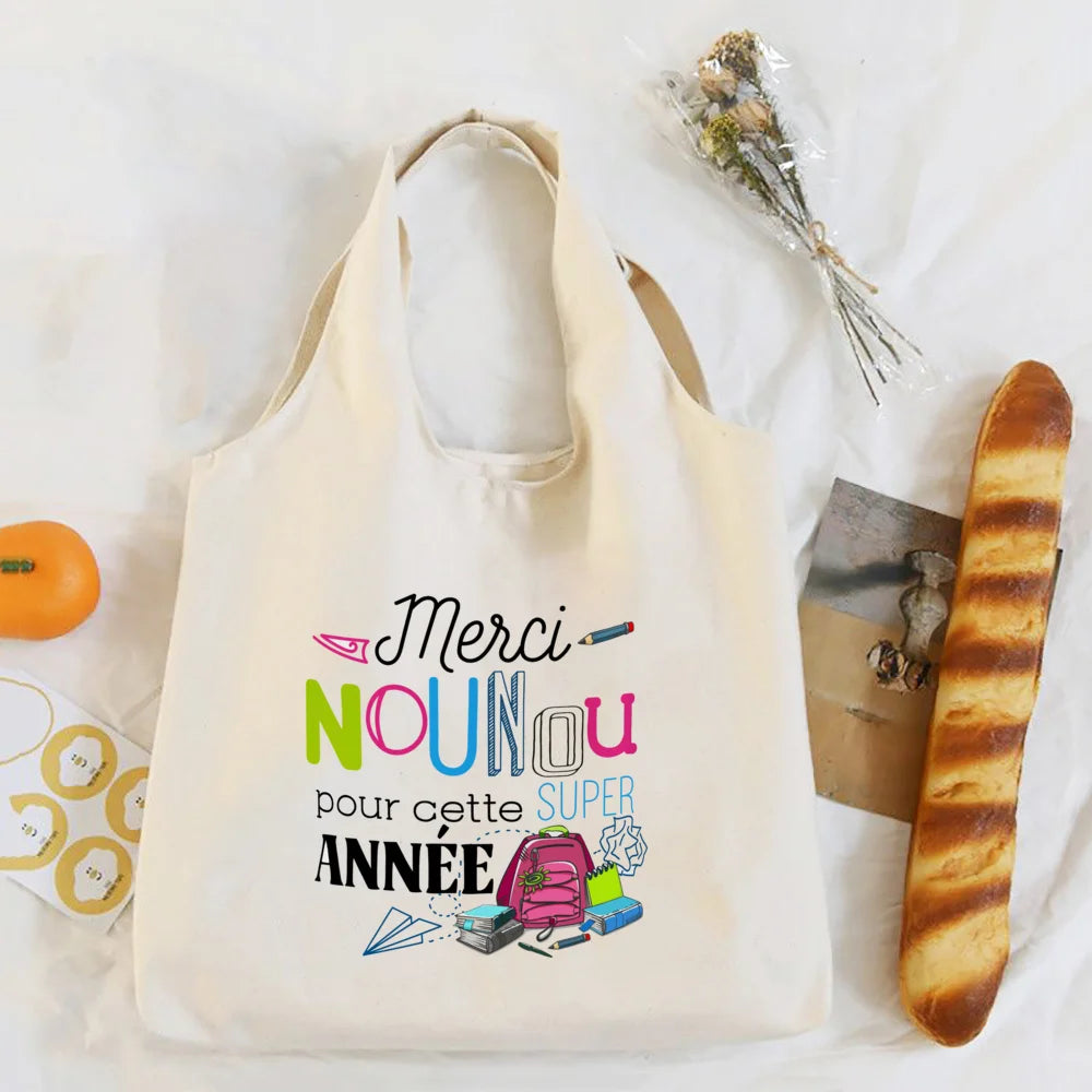 Thank You Nounou French Print Shoulder Bag Canvas Tote Bag Female Harajuku Handbags Women Reusable Shopping Bags Gift for Nounou