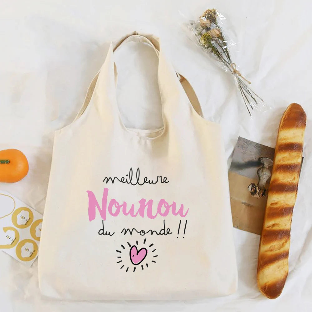 Thank You Nounou French Print Shoulder Bag Canvas Tote Bag Female Harajuku Handbags Women Reusable Shopping Bags Gift for Nounou