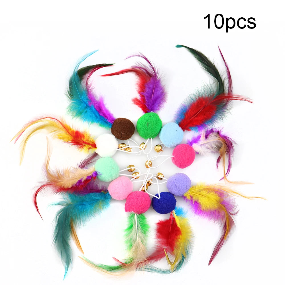 10 Pcs Cat Toys with Soft Ball Feathers Replacement Head Cat Feather Teaser Wand Ball Toy for Interactive Cat Kitten Toy Wands