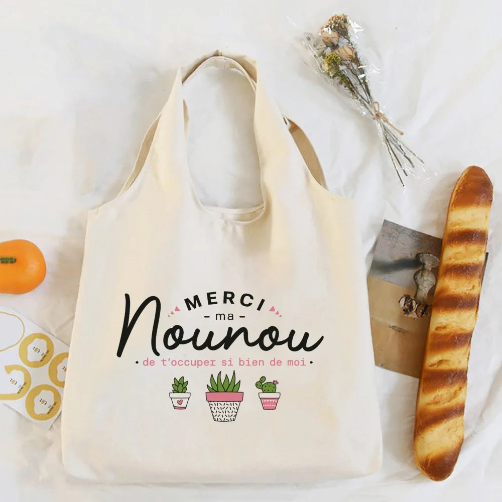 Thank You Nounou French Print Shoulder Bag Canvas Tote Bag Female Harajuku Handbags Women Reusable Shopping Bags Gift for Nounou