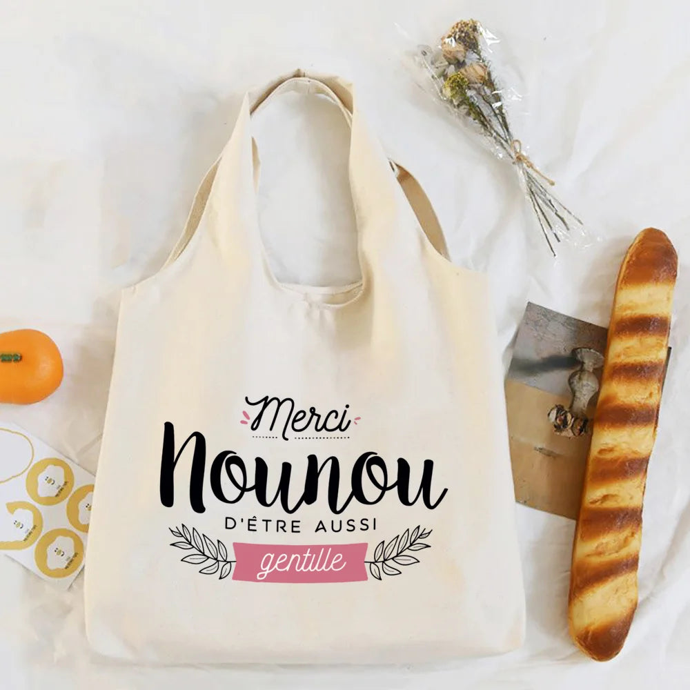 Thank You Nounou French Print Shoulder Bag Canvas Tote Bag Female Harajuku Handbags Women Reusable Shopping Bags Gift for Nounou