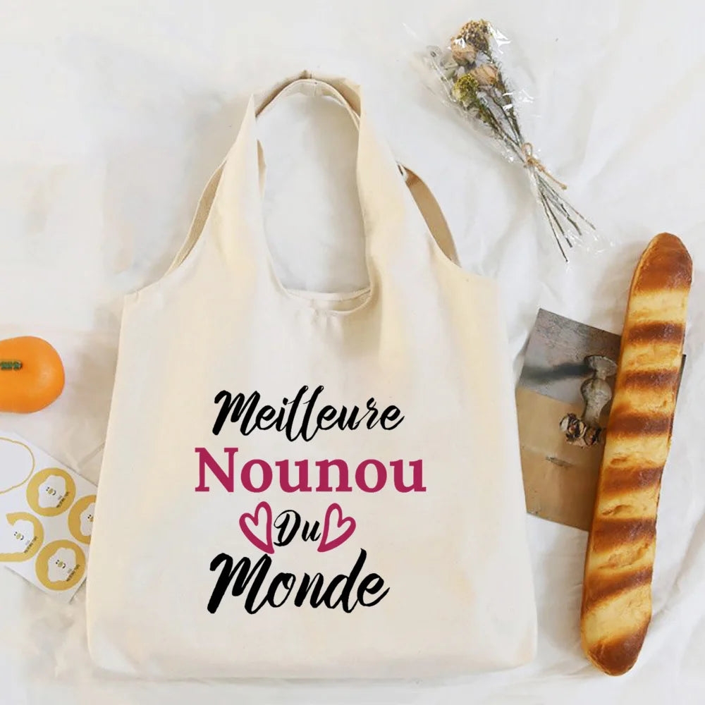 Thank You Nounou French Print Shoulder Bag Canvas Tote Bag Female Harajuku Handbags Women Reusable Shopping Bags Gift for Nounou