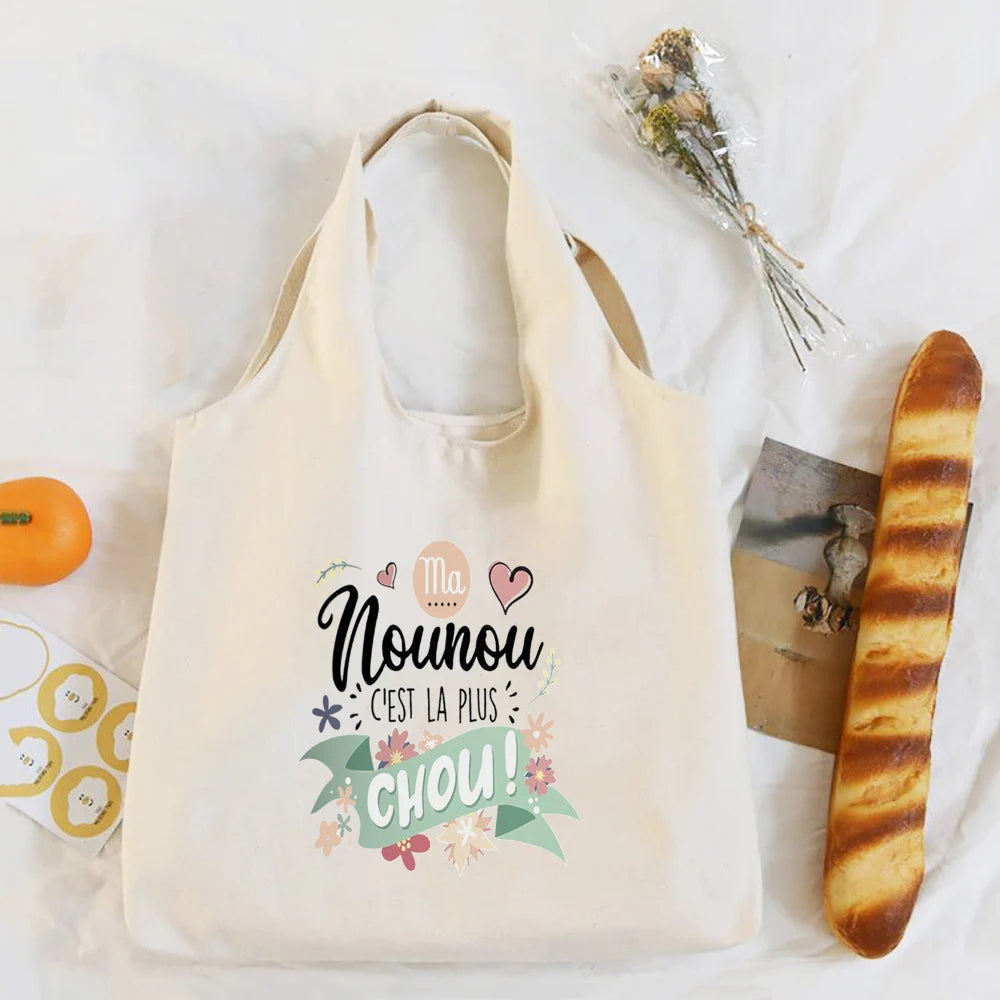 Thank You Nounou French Print Shoulder Bag Canvas Tote Bag Female Harajuku Handbags Women Reusable Shopping Bags Gift for Nounou