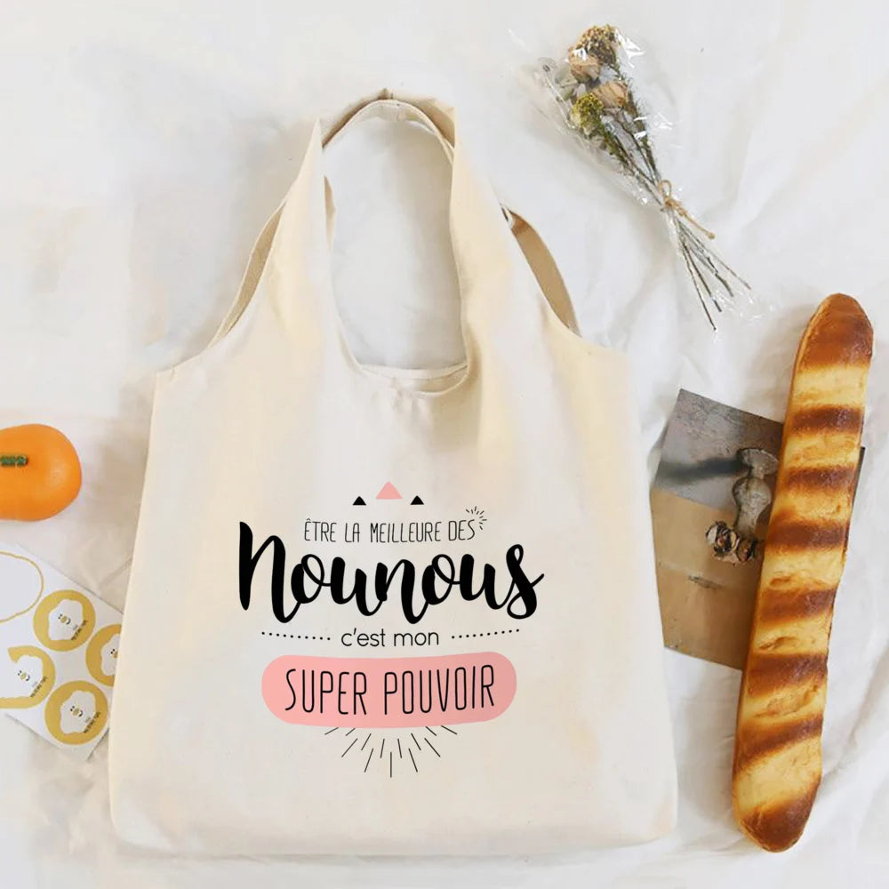 Thank You Nounou French Print Shoulder Bag Canvas Tote Bag Female Harajuku Handbags Women Reusable Shopping Bags Gift for Nounou