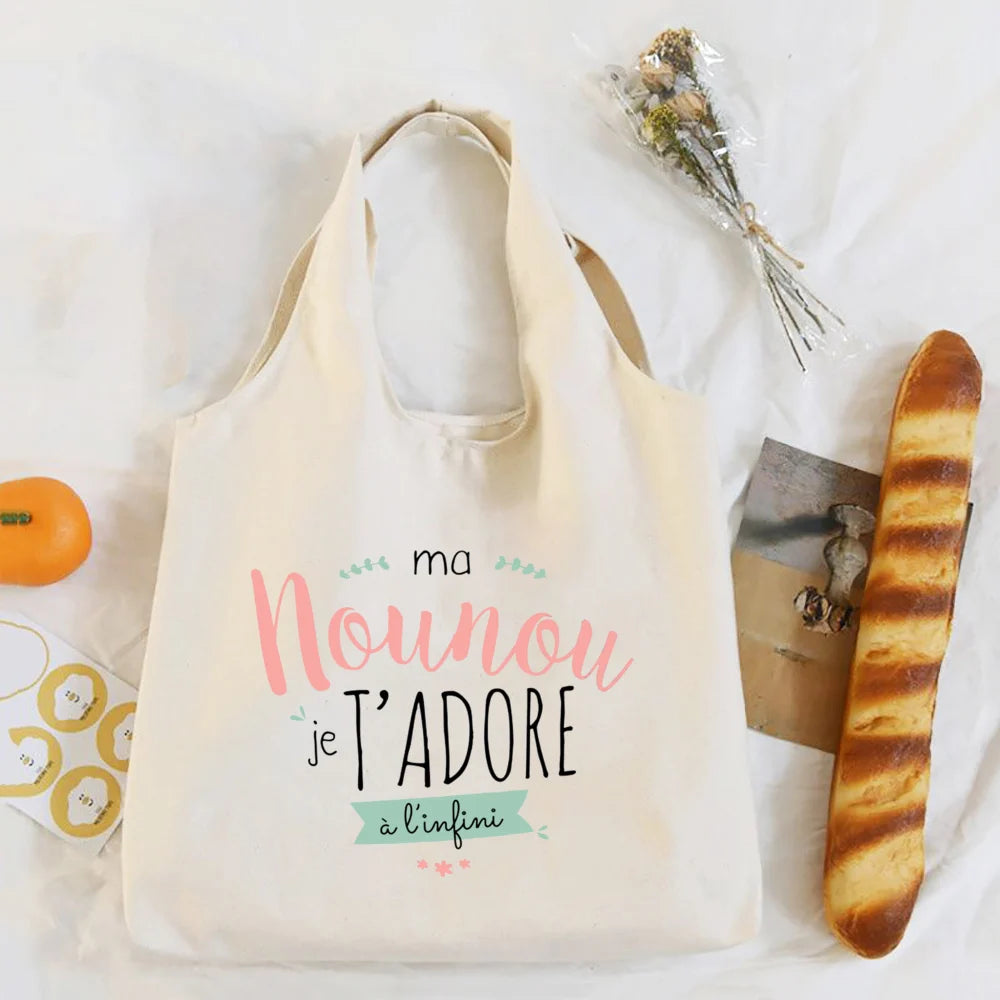 Thank You Nounou French Print Shoulder Bag Canvas Tote Bag Female Harajuku Handbags Women Reusable Shopping Bags Gift for Nounou