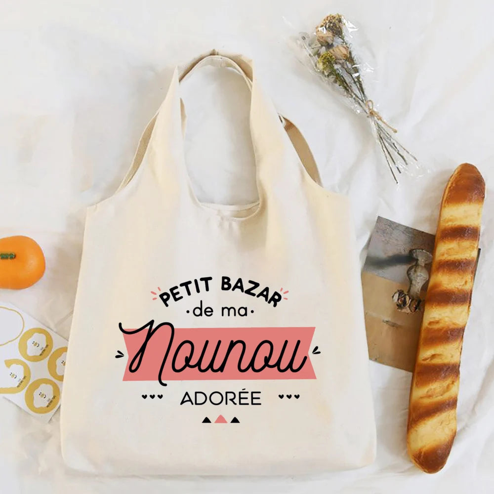 Thank You Nounou French Print Shoulder Bag Canvas Tote Bag Female Harajuku Handbags Women Reusable Shopping Bags Gift for Nounou