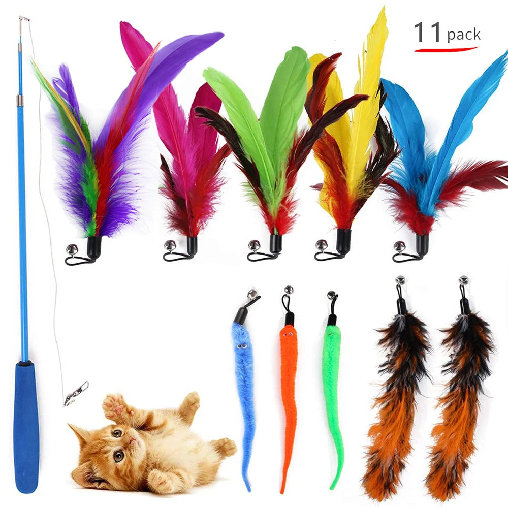 10 Pcs Cat Toys with Soft Ball Feathers Replacement Head Cat Feather Teaser Wand Ball Toy for Interactive Cat Kitten Toy Wands