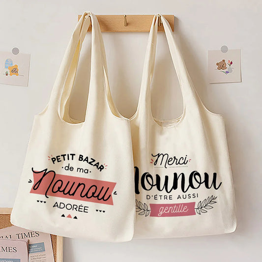 Thank You Nounou French Print Shoulder Bag Canvas Tote Bag Female Harajuku Handbags Women Reusable Shopping Bags Gift for Nounou