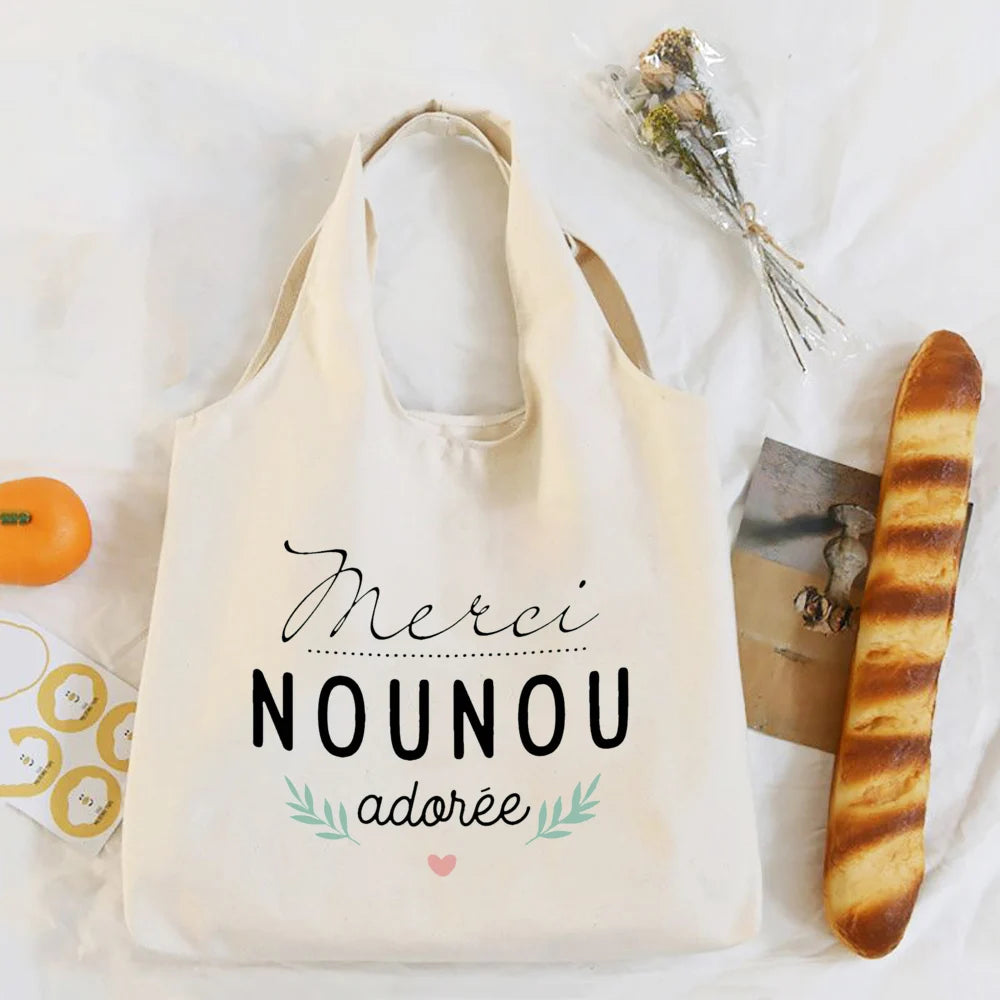 Thank You Nounou French Print Shoulder Bag Canvas Tote Bag Female Harajuku Handbags Women Reusable Shopping Bags Gift for Nounou