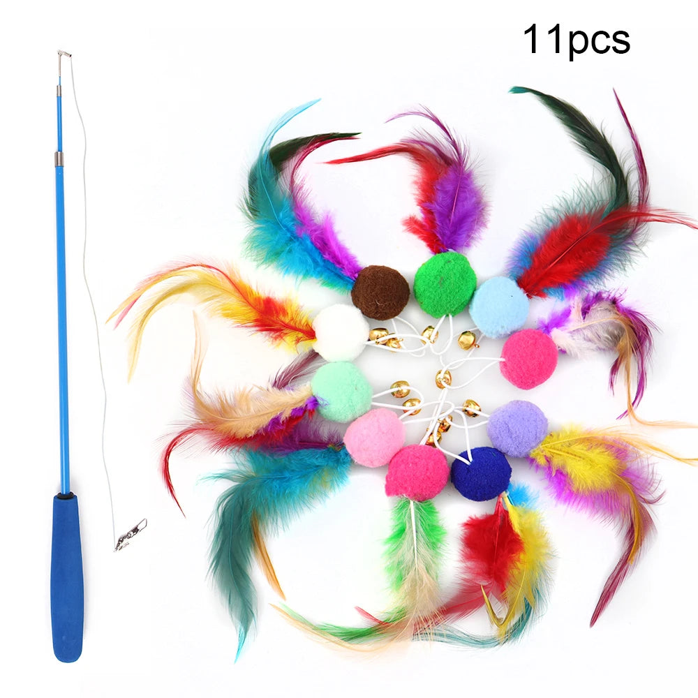 10 Pcs Cat Toys with Soft Ball Feathers Replacement Head Cat Feather Teaser Wand Ball Toy for Interactive Cat Kitten Toy Wands