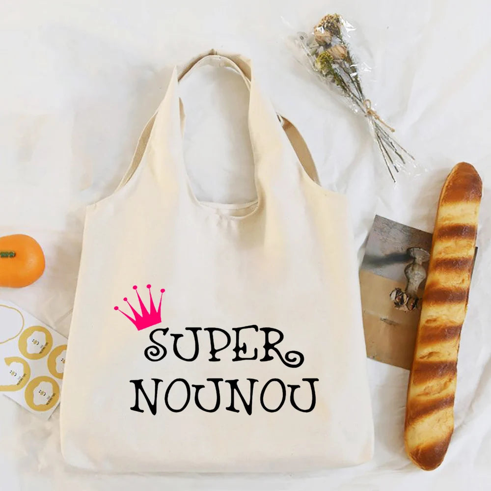 Thank You Nounou French Print Shoulder Bag Canvas Tote Bag Female Harajuku Handbags Women Reusable Shopping Bags Gift for Nounou